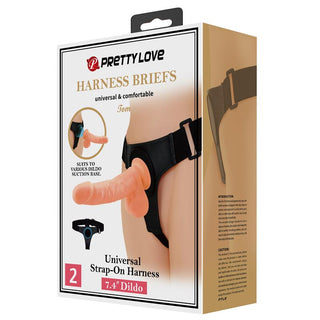 Justerbar svart strap-on sele med en realistisk, köttfärgad silikondildo märkt 7,4 Dildo.