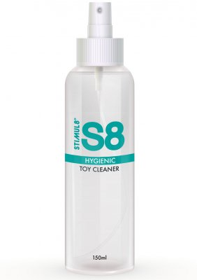 Transparent sprayflaska märkt S8 Hygienic Toycleaner, med en vit och blågrön design. Den har en kroppssäker formula för rengöring av intimleksaker, innehåller 150 ml vätska och är utrustad med ett vitt spraymunstycke.