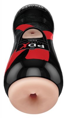 PDX Elite - Realistisk Anal Vagina Vibrationer har diskret förpackning, realistiskt material, en röd och svart design och en beige öppning.