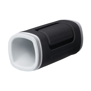 Lovense Calor, en svart och vit bärbar Bluetooth-högtalare, har ett texturerat grepp och djupkontrollerad vibration för att förbättra din ljudupplevelse.
