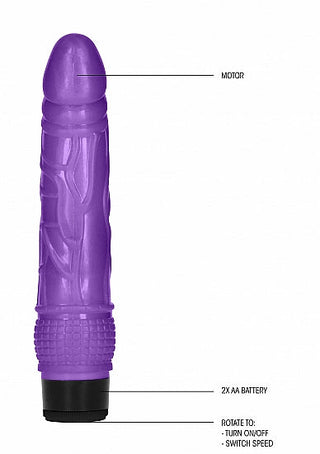 8-tums Realistisk Dildo är en lila vibrator med en verklighetstrogen design, med en toppmotor och bas för två AA-batterier. Den inkluderar en roterande mekanism för kraft- och hastighetsjustering.