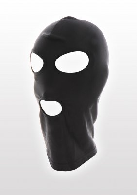 TabooM Bondage Ansiktsmask är en svart helmask med ögon- och munutskärningar, gjord av flexibelt material, som visas på en skarp vit bakgrund.