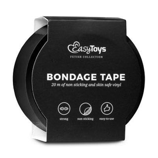 Svart Bondage Tejp - BDSM 20 M förpackning presenterar elegant produktdetaljer på en vit textbakgrund.