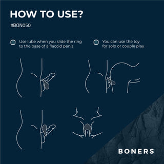 Minimalistiska linjeteckningar visar hur man använder Boners Vibrerande Penisring för solo- eller parlek. Korta instruktioner ingår. Tillverkad av kroppsvänlig silikon och designad för mångsidig klitorisstimulans.