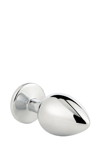 The Gleaming Silver Plug Medium, en droppformad, glänsande buttplug med en rund bas, tillverkad av rostfritt stål, är elegant isolerad på en vit bakgrund.