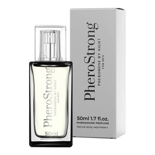 PheroStrong By Night Men 50 ml glasflaska med mörkt lock, visas bredvid sin rektangulära märkesförpackning.