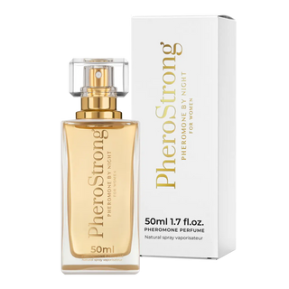 PheroStrong By Night Women 50ml parfymflaska med vit och guldfärgad förpackning, glasflaska med metalliskt lock.