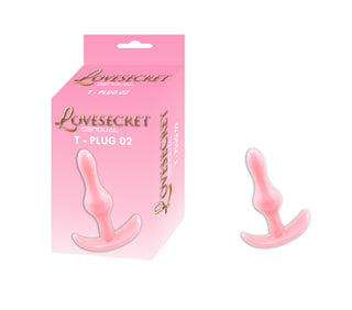 En rosa analplugg i kroppssäkert material ligger bredvid sin förpackning märkt T-Plug 01 Buttplug 8 cm - perfekt för nybörjare.