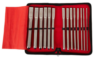 Det 14-delade dilatorsetet har silvermetallstansar inrymda i ett elegant rött och svart fodral med dragkedja, designat för komfort och precision.