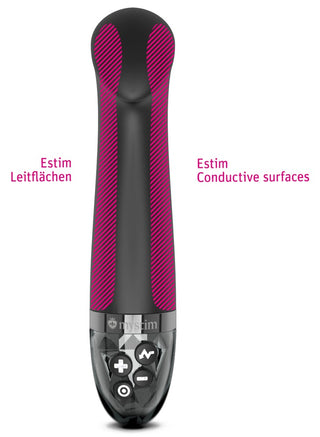 Mystim G-punktvibrator E-Stim är en elegant svart och rosa enhet med knappar och märkta ledande ytor, som erbjuder 8 vibrationslägen för en anpassningsbar upplevelse.