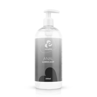 En 500 ml flaska Easyglide Anal Glidmedel har en elegant svart och grå etikett med hjärta och logotyp. Denna CE-märkt produkt inkluderar en vit pumpdispenser för enkel användning.