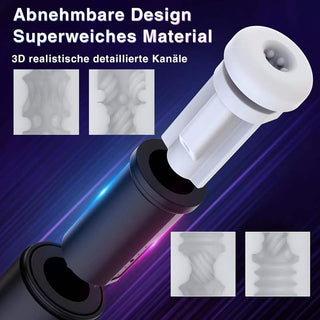 Svart automatisk masturbator med sugfunktion, vibrationsfunktion och löstagbar mjuk texturerad insida av silikon.
