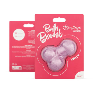 Den röda förpackningen har en distinkt formad lila badbomb, "Badbomb Willy" från EasyToys, som ger en avkopplande upplevelse med sin härliga körsbärsdoft. Produktdetaljer finns på baksidan.