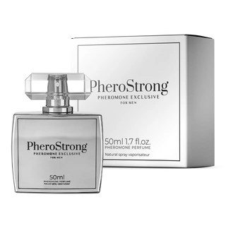 PheroStrong Exclusive för Män 50 ml flaska och låda, klar glasbehållare med svart lock och vit förpackning, på slät bakgrund.
