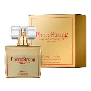 PheroStrong Exclusive Women parfym, 50 ml glasflaska med tillhörande ask, båda på en vit bakgrund.