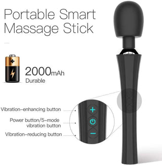 Svart trollstavsvibrator med tydligt märkta knappar och en batterisymbol på 2000 mAh, mot en vit bakgrund.