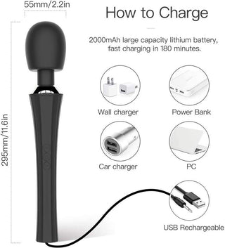Svart handhållen vibrator med slät yta och USB-laddningsport.