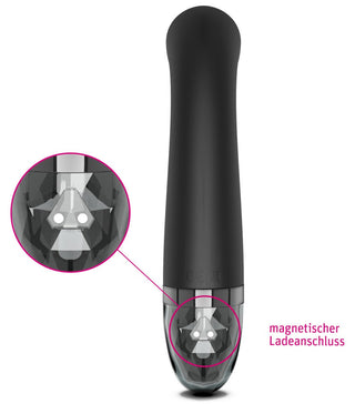 Mystim G-punktvibrator E-Stim, i elegant svart, har en markerad magnetisk Ladeanschluss (magnetisk laddningsport) och erbjuder 8 vibrationslägen för en förbättrad rengöringsupplevelse.