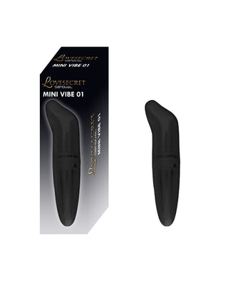 Svart minivibrator med resvänlig design bredvid sin förpackning märkt Lovesecret LS44 Mini Vibe på vit bakgrund. Den här diskreta vibratorn är perfekt för njutning på språng.