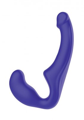 Toyjoy Strapless Strapon, en blå silikonleksak med dubbla ändar med eleganta böjda ändar, vilar stilfullt på en vit bakgrund och utlovar utsökt intim njutning.