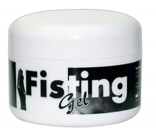 En vit behållare märkt "Fisting Gel 200 ml" med djärva svarta bokstäver och en handsymbol innehåller ett veganskt glidmedel för ökad komfort.