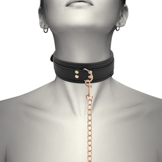 En person som bär den eleganta Coquette Fantasy – Halsband Med Koppel, en choker i svart läder med en guldkedja och små örhängen står mot en vit bakgrund.
