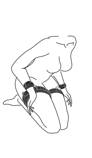 Linjeteckning av en knästående figur med EasyToys - Handbojor & Lårbojor fasthållningar på handleder och lår mot en vanlig vit bakgrund.