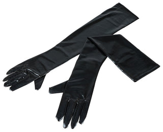 Handskar - Cottelli - Wetlook-handskar utstrålar elegans på en vit bakgrund, med en handske platt och den andra hopvikt. Dessa långa svarta läderhandskar är idealiska för att lägga till glamour till vilken outfit som helst eller för att förbättra din rollspelsupplevelse.