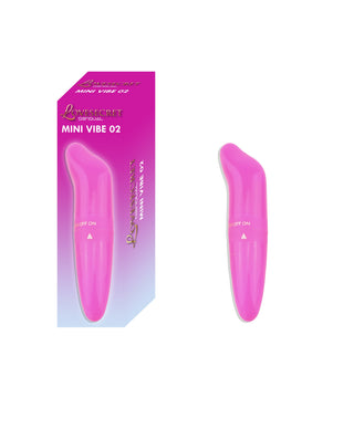Lovesecret LS44 Mini Vibe, en rosa klitorisvibrator med resevänlig design, ligger bredvid sin matchande gradientlila och rosa förpackning på vit bakgrund.