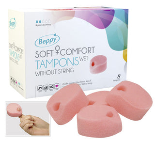 Hygien Beppy Comfort Tampons Wet pack innehåller åtta rosa medicinskt skum tamponger för en diskret upplevelse, med en närbild.