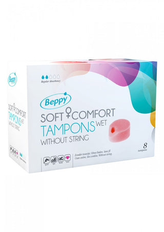 Beppy - Comfort Tampons Wet 8 st är gjorda av medicinskt skum för ultimat komfort. Dessa strängfria och diskreta tamponger ger regelbunden uppsugningsförmåga med en färgglad design på förpackningen.