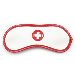 En vit ögonmask med röd kant och ett rött kors i mitten, perfekt för att komplettera ditt Ohmama 3-delade Nurse Bondage Set.