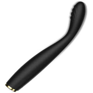 Ibiza G-Spot Flexible Vibrator är en elegant svart böjd vibrator med en guldaccentuerad bas och texturerad spets, som kombinerar stil och funktionalitet.
