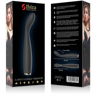 Förpackningen till Ibiza G-Spot Flexible Vibrator innehåller produktbilder, viktiga fördelar och en kvinna i underkläder. Upptäck denna vattentäta vibrator, utformad för ultimat njutning och precision mot din G-punkt.