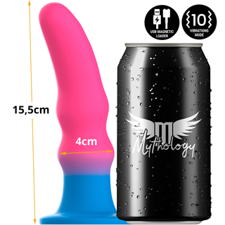 Dildo i rosa och blått silikon, 15,5 cm x 4 cm, medelstor, slät design.
