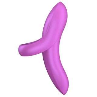 Satisfyer Bold Lover är en lila, abstrakt formad fingervibrator med två böjda armar – den ena tjockare och längre än den andra – för förbättrade känslor och en personlig upplevelse.