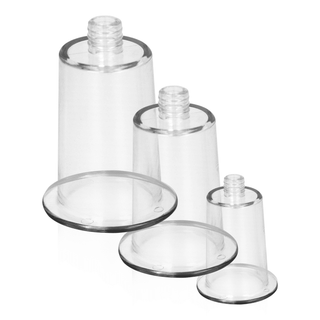 En uppsättning av fyra genomskinliga silikon unisex bröstvårtor i olika storlekar på vit bakgrund, designade för kraftfull sug och stimulering av bröstvårtan.