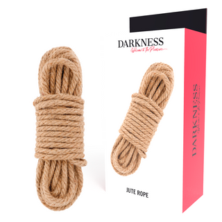 En upprullad Japanskt Bondagerep 5 m Jute sitter bredvid sin Darkness Jute Rope-låda, utsmyckad med en djärv svart, vit och rosa design - perfekt för japanska Rope art-entusiaster eller kinbaku-utövare.