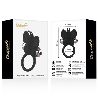 Coquette Chick Desire Penisring, en elegant svart silikonring med fjärilsdesign, erbjuder kraftfulla vibrationer. Dess eleganta förpackning presenterar funktioner på engelska och spanska.