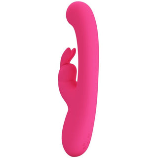 Pretty Love Lamar, en rosa kaninvibrator i silikon, är designad av medicinsk silikon och har dubbla tips för intern G-punktsstimulering och extern stimulering mot en vit bakgrund.