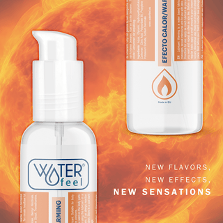 Två flaskor Heat Effect Lubricant 150 Ml mot en eldig bakgrund med texten: Nya smaker, nya effekter, nya sensationer – kompatibel med kondomer för en oförglömlig upplevelse.