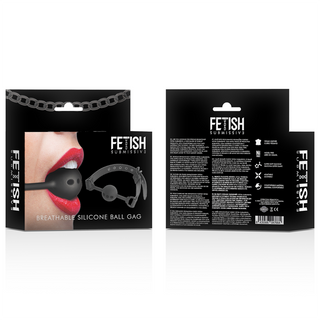 Förpackningen för Fetish Submissive Silicone Ball Gag visar en närbild av läppar som bär den andningsbara, perforerade munkaveln och framhäver dess justerbara rem för perfekt passform.