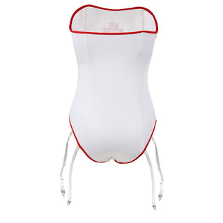 Vit bodysuit med röda kanter och fyra fastsydda strumpeband.