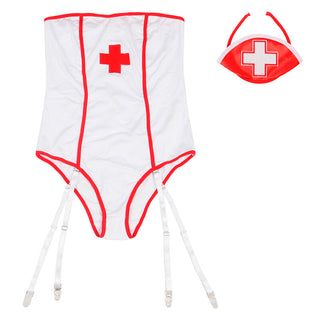 Subblime Sjuksköterskebody: vit sjuksköterske-body med röd kant, rött kors, fyra strumpeband och matchande huvudbonad.
