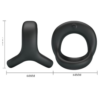 Pretty Love Elliott Vibratorring i svart silikon visas ovanifrån och från sidan med måtten 64mm x 64mm. Denna uppladdningsbara penisring är utformad för extra njutning.