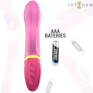 Intense Daphne Rabbitvibrator Rosa är en rosa kaninvibrator som erbjuder dubbel stimulering, tillverkad av kroppssäker silikon, med Intense-märket i hörnet.
