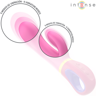 Intense Daphne Rabbitvibrator Rosa är en rosa vibrator med böjd spets och kontrollknappar, som erbjuder dubbel stimulering och 9 vibrationslägen (engelska/spanska). Tillverkad av kroppssäker silikon för säker och bekväm användning.