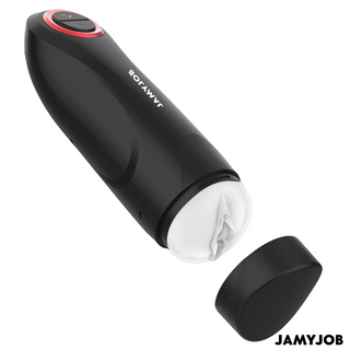 Svart automatisk masturbator med kontrollknappar, avtagbart lock och synlig vit innerhylsa.