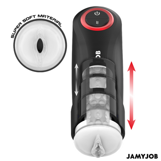 Svartvit JAMYJOB Gravity Automatic Masturbator med mjuk insida och riktningspilar som indikerar rörelse.