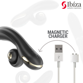 Ibiza Twister Vibrator Rotation är en svart böjd enhet med guldfärgade accenter, tillverkad av kroppssäkert silikon, med en magnetisk USB-laddare och Ibiza exklusiva upplevelse-logotyp i hörnet.